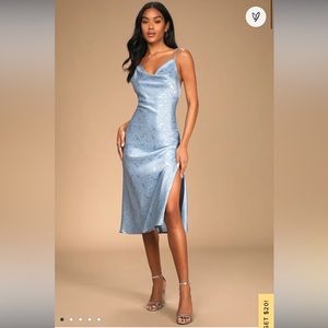 Lulu’s You're My Type Light Blue Satin Jacquard Midi Slip Dress size L